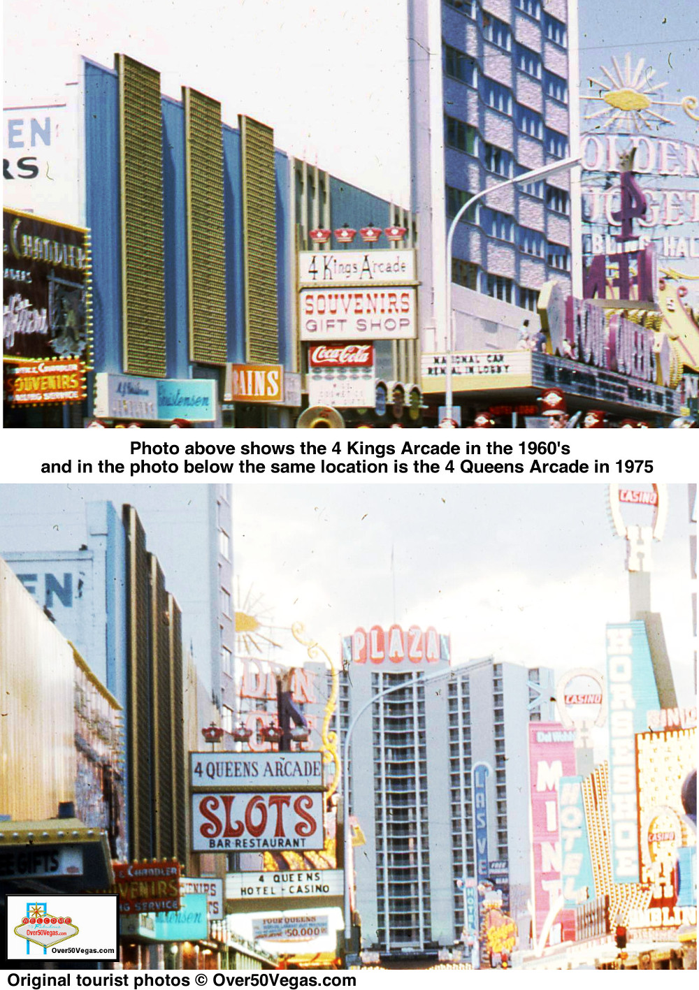 Four Kings becomes the Four Queens arcade.  Original tourist photos © Over50Vegas.com